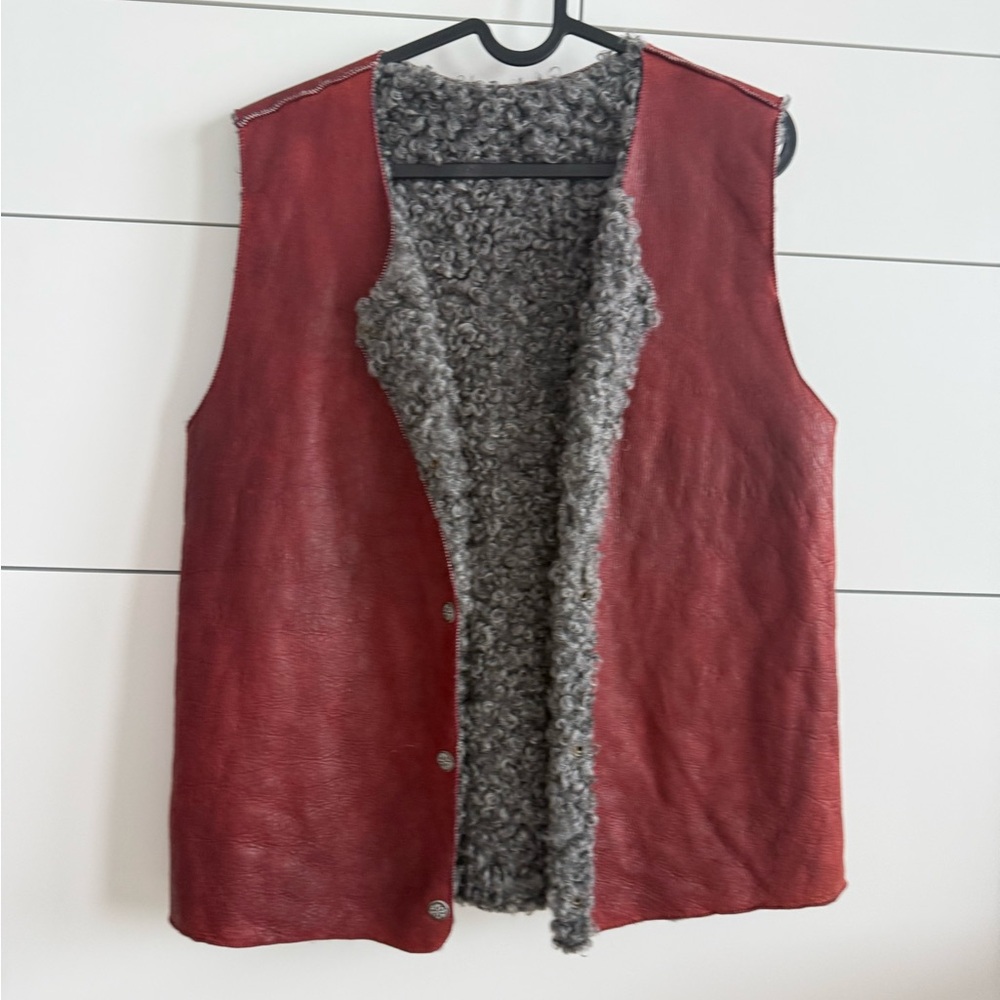 Swedish Women's Red Leather Vest with Gray Gotland sheepskin Lining S